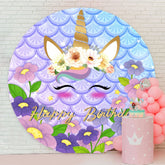 Aperturee - Purple Floral Unicorn Round Birthday Backdrop